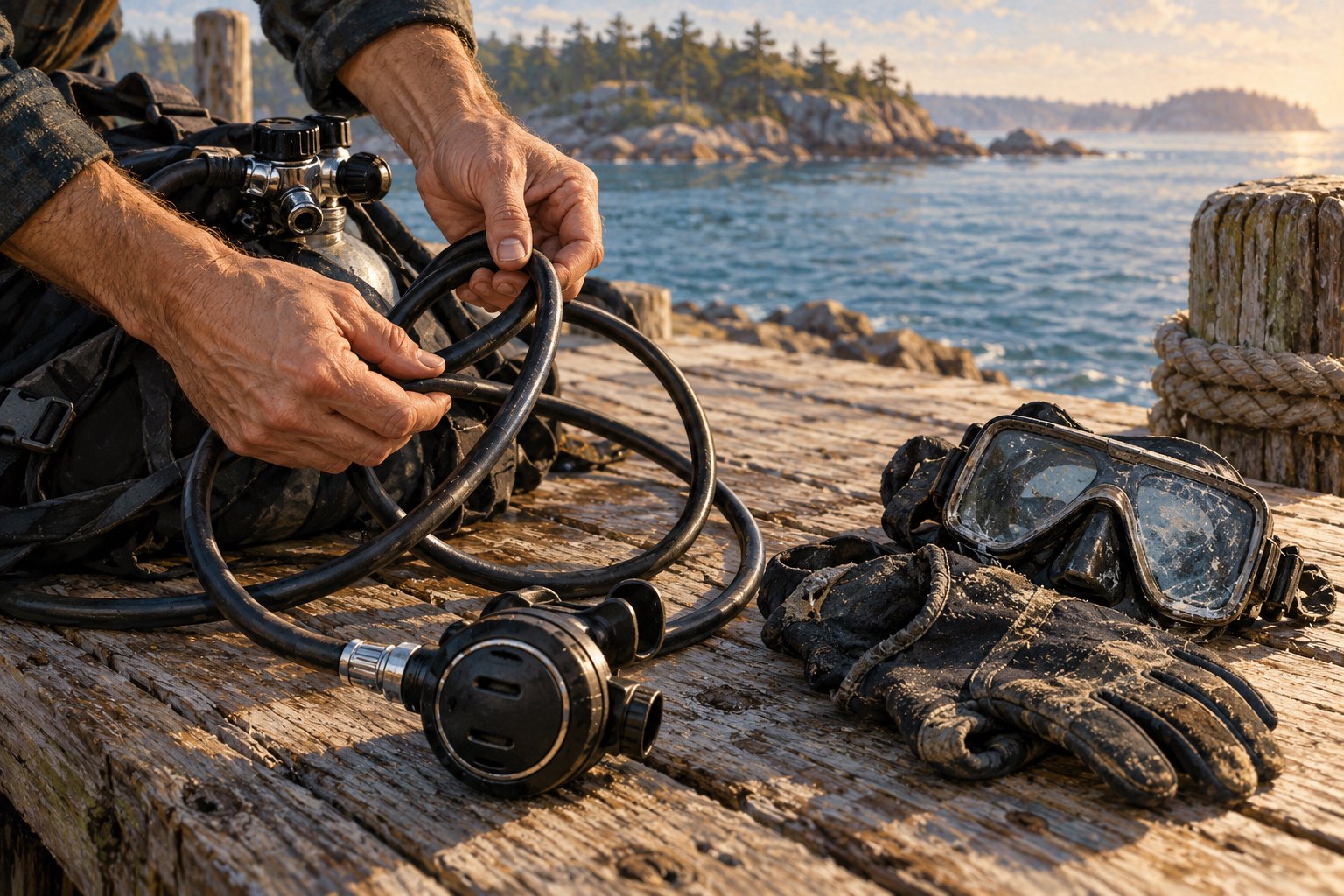 Conceptual illustration of hands untangling a scuba hose beside worn diving gloves and a mask on a coastal dock.