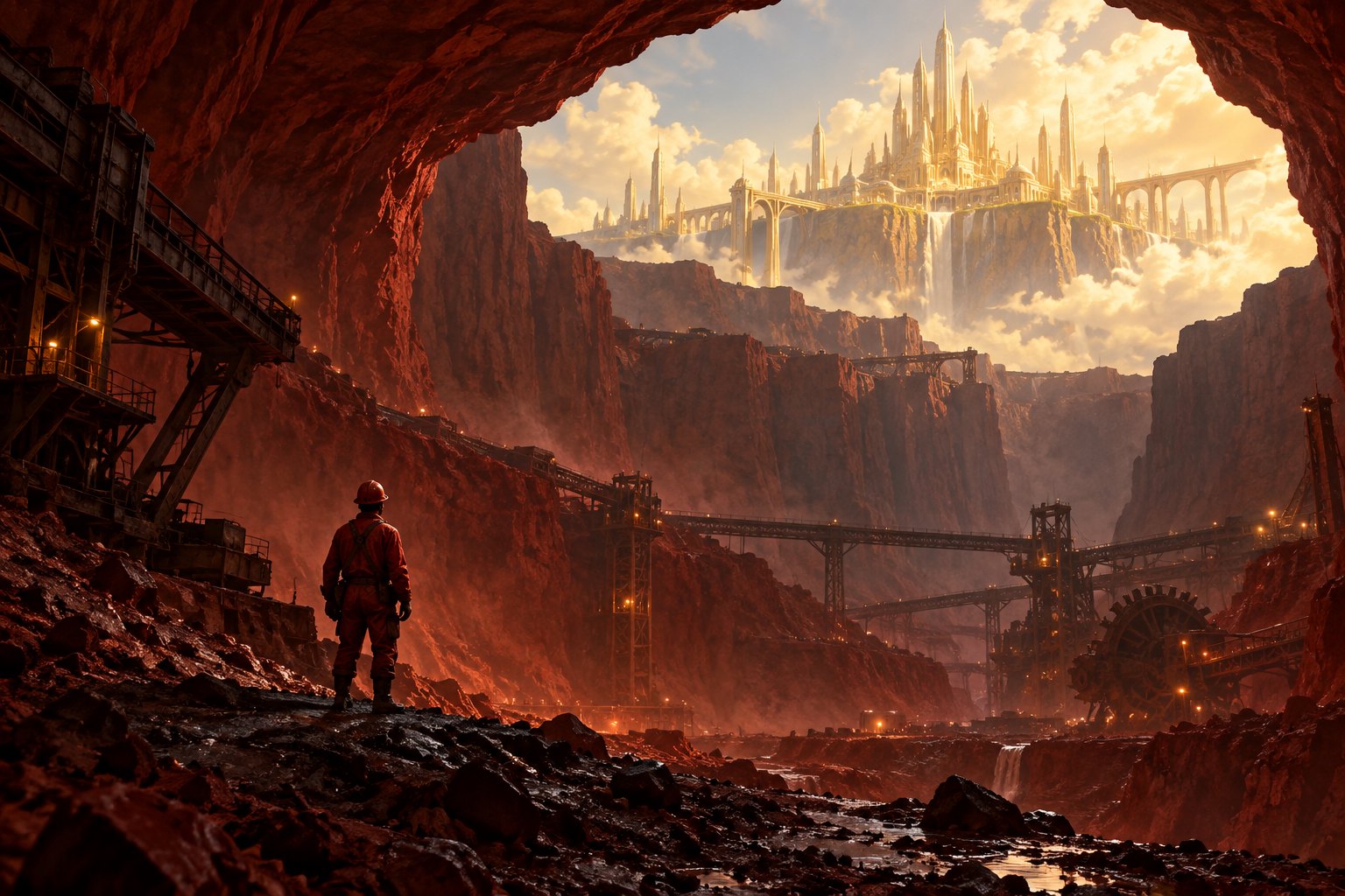 Conceptual illustration of a worker in a red mining cavern looking toward a distant golden city.