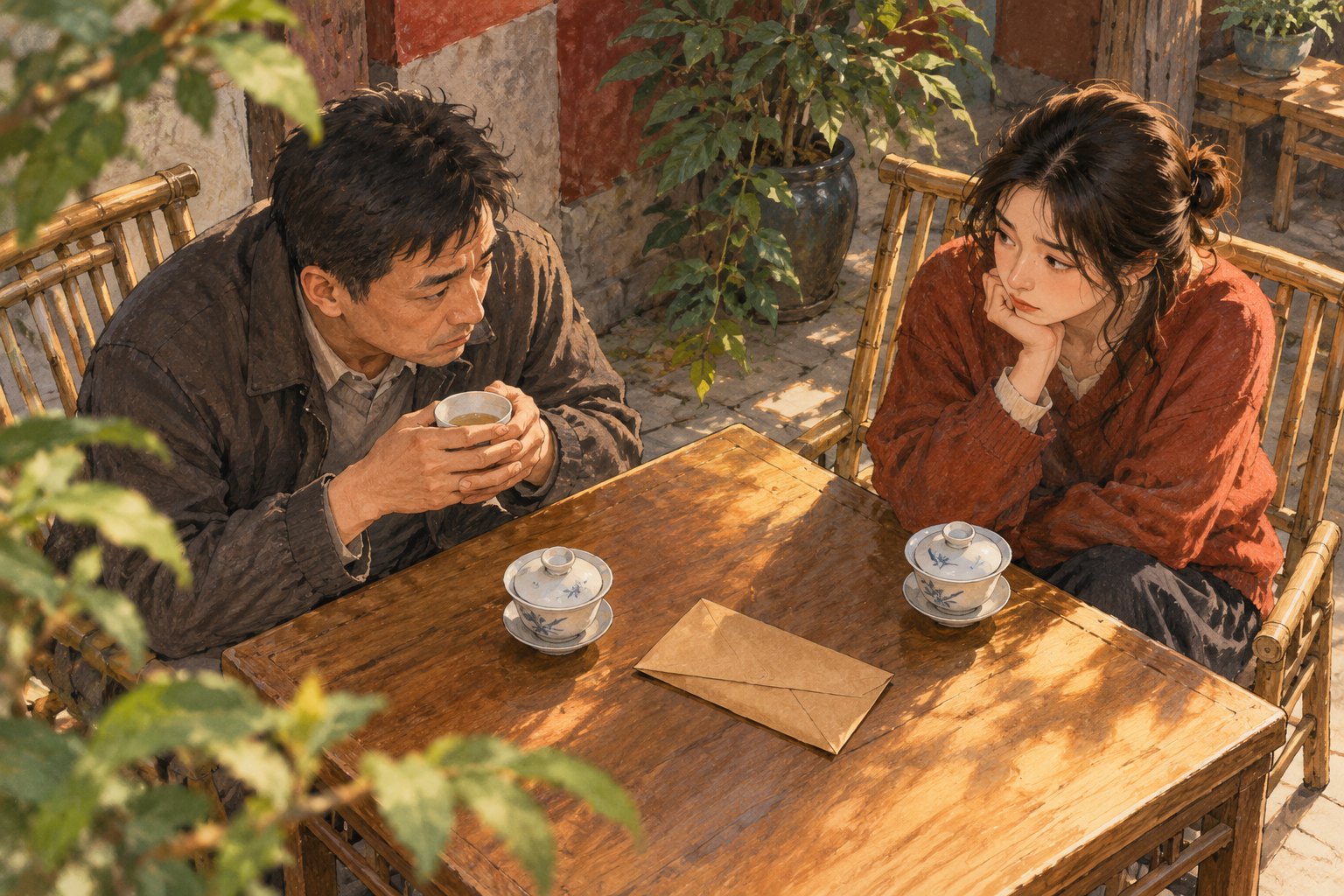 两个人隔着摆有盖碗和信封的茶桌相对而坐,呈现难以开口的人情压力的概念插画,非影片剧照