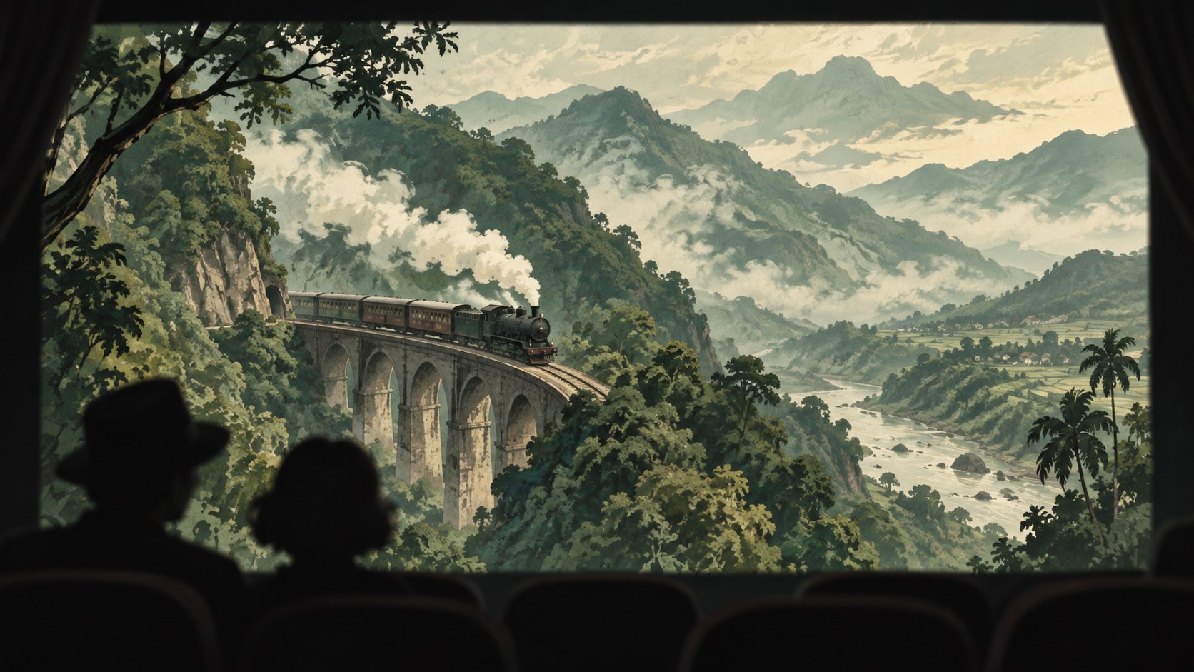 蒸汽火車穿越臺灣山林意象,外圍以暗色框景呈現銀幕觀看感的概念插畫