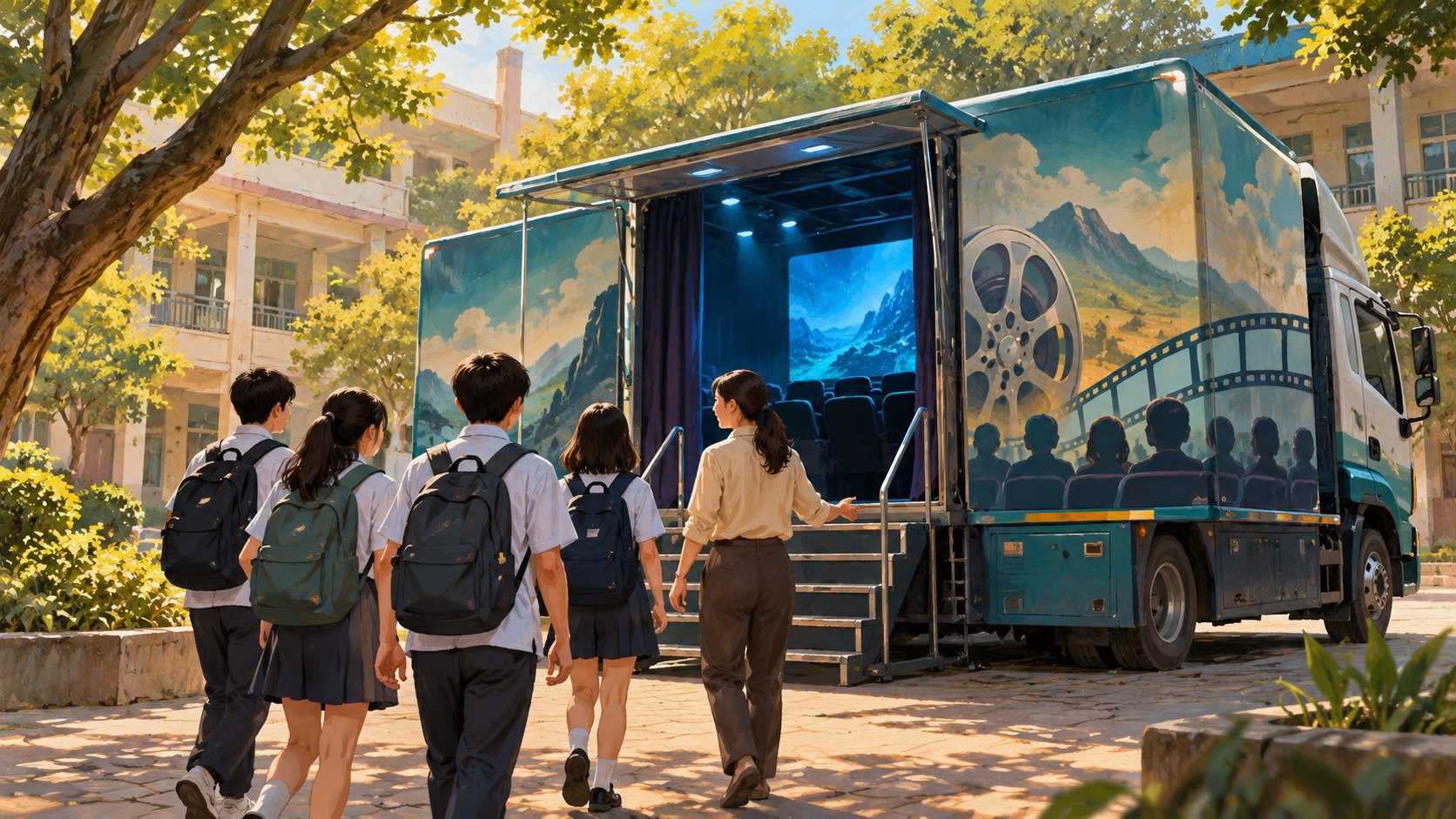 概念插畫:學生在教師陪同下走向停靠校園的電影車