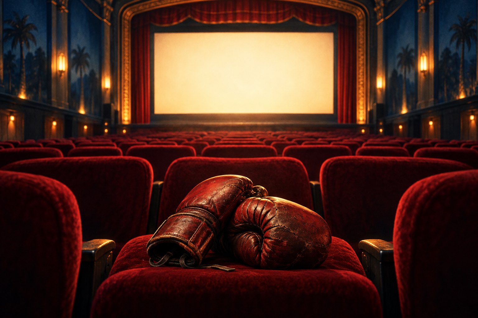 Conceptual illustration of worn boxing gloves on a red cinema seat facing a glowing blank screen.