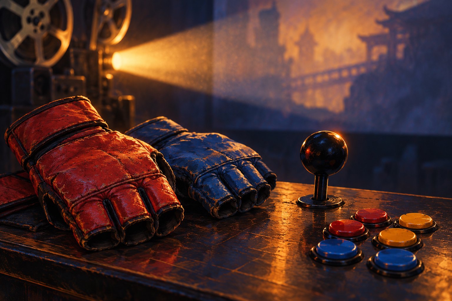 Worn sparring gloves sit beside an arcade joystick and colored buttons in a beam of projector light.
