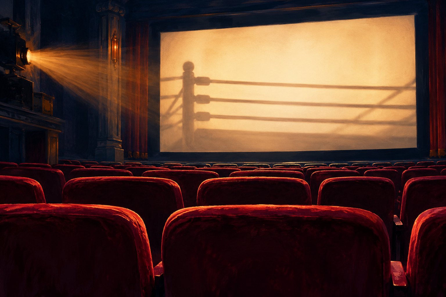 Conceptual illustration of burgundy cinema seats facing a glowing screen with the shadow of boxing ring ropes.