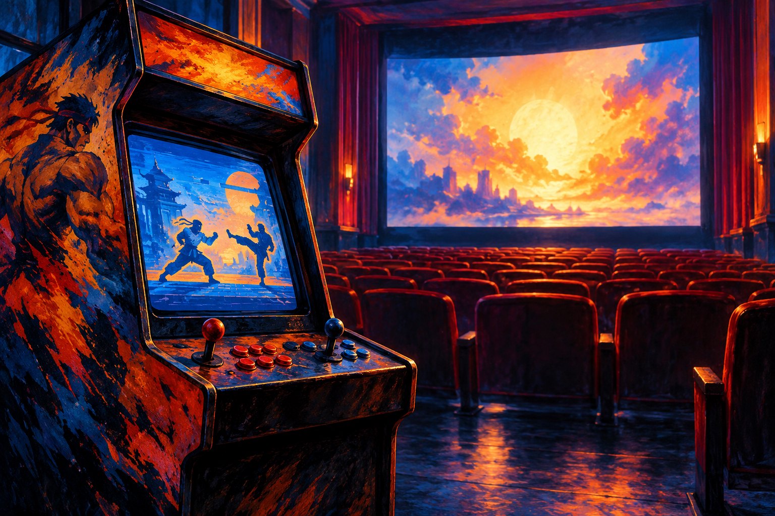 An illustrated arcade cabinet faces a glowing cinema screen beyond rows of empty theater seats.