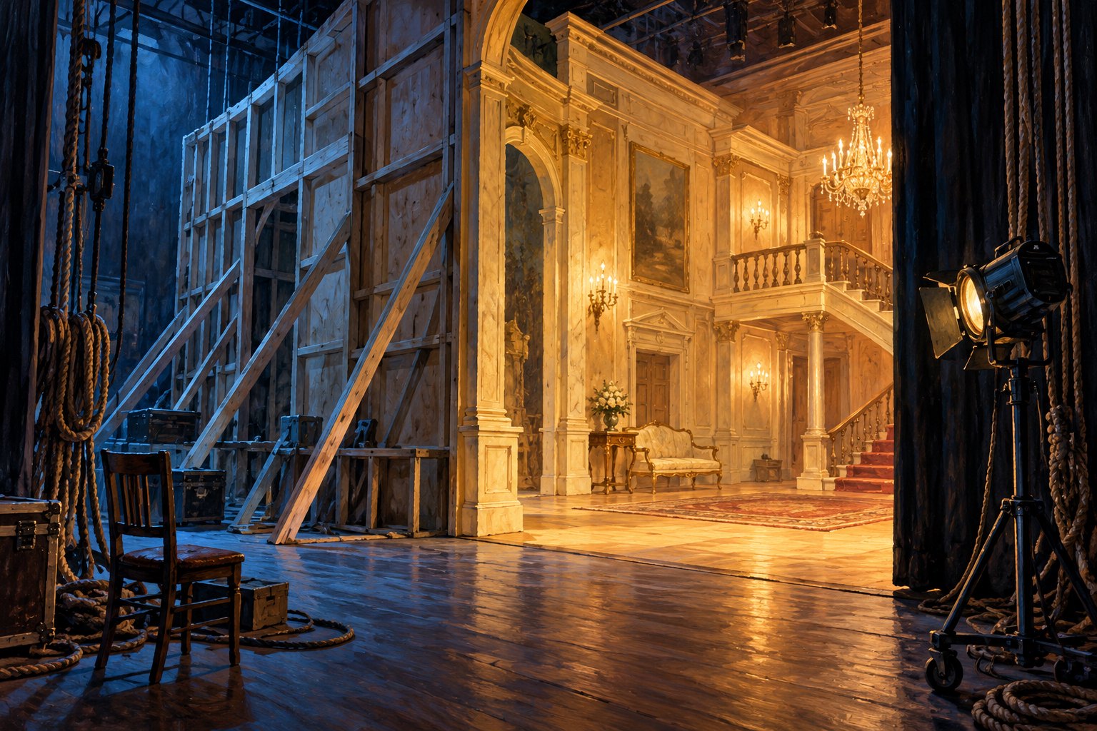Conceptual illustration of a theater set revealing a gilded mansion interior beside exposed wooden supports and stage equipment.