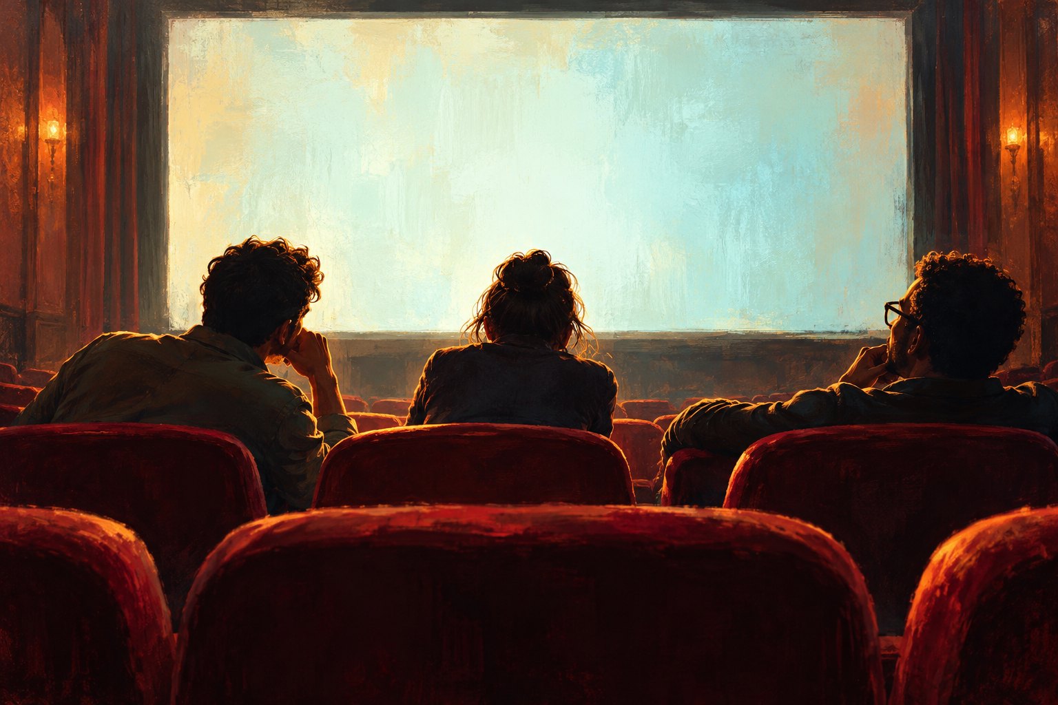 Painterly illustration of three viewers watching a blank illuminated screen from red cinema seats.
