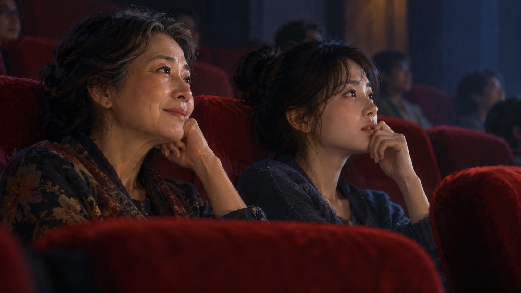 兩位不同世代的女性並肩坐在戲院,銀幕光映照專注神情的概念插畫,非電影劇照