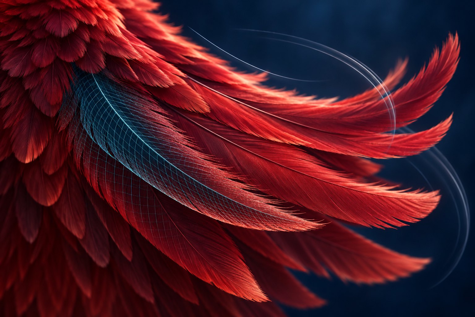 Conceptual close-up of crimson feathers with a teal wireframe overlay and curved lines suggesting motion.