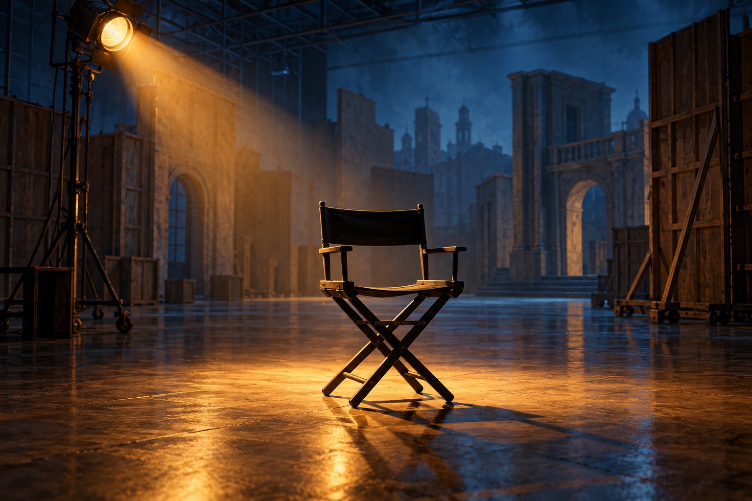 An empty director’s chair beneath an amber spotlight on a blue-shadowed film soundstage.