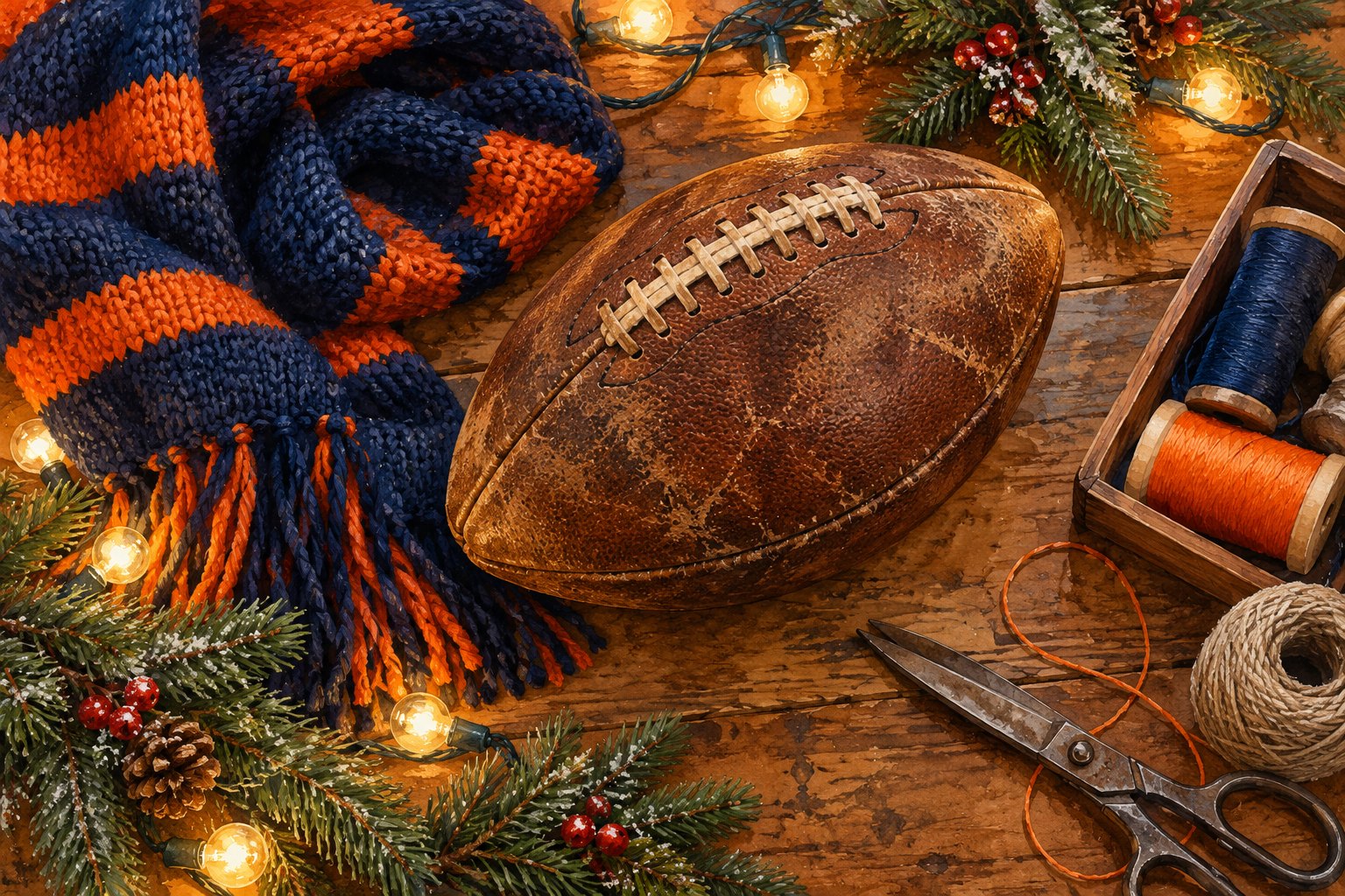 Conceptual illustration of a worn football, navy and orange scarf, evergreen branches, and sewing supplies on a holiday prop workbench.