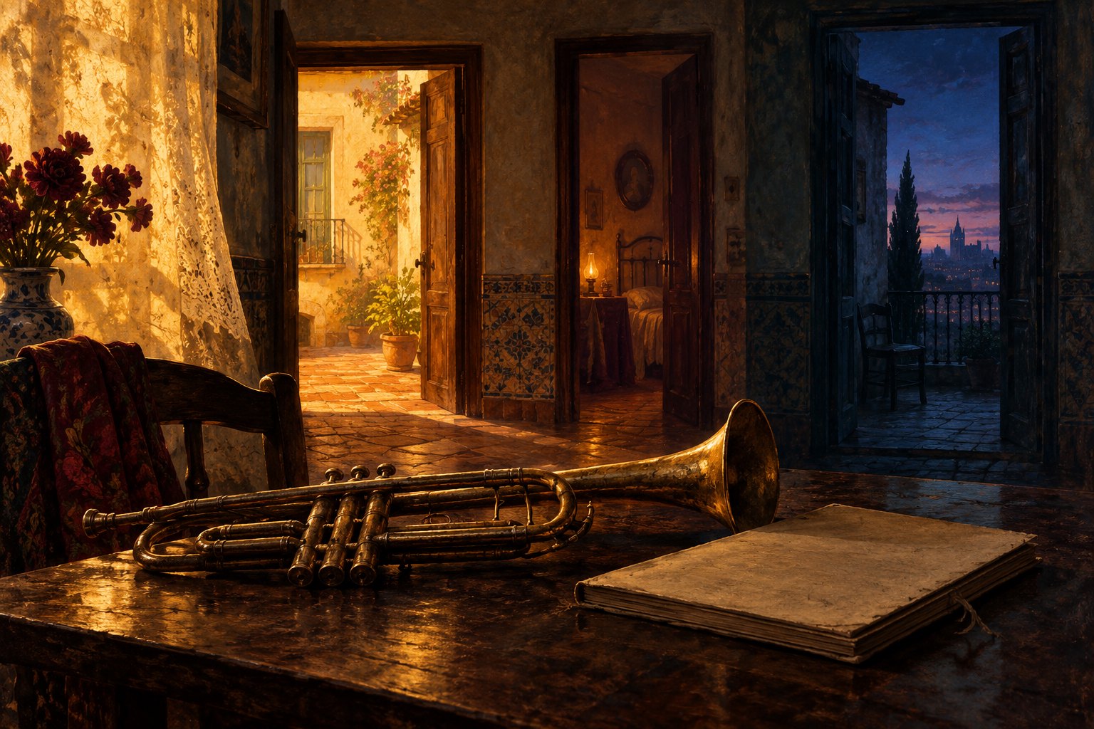Painterly editorial illustration of a brass trumpet and closed manuscript before three doorways lit in amber and blue.
