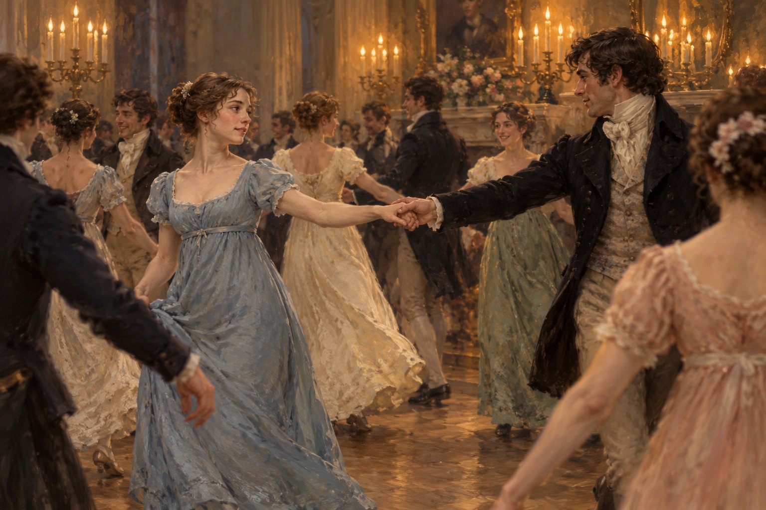 Painterly illustration of a young couple holding hands during a candlelit English country dance, surrounded by other dancers.