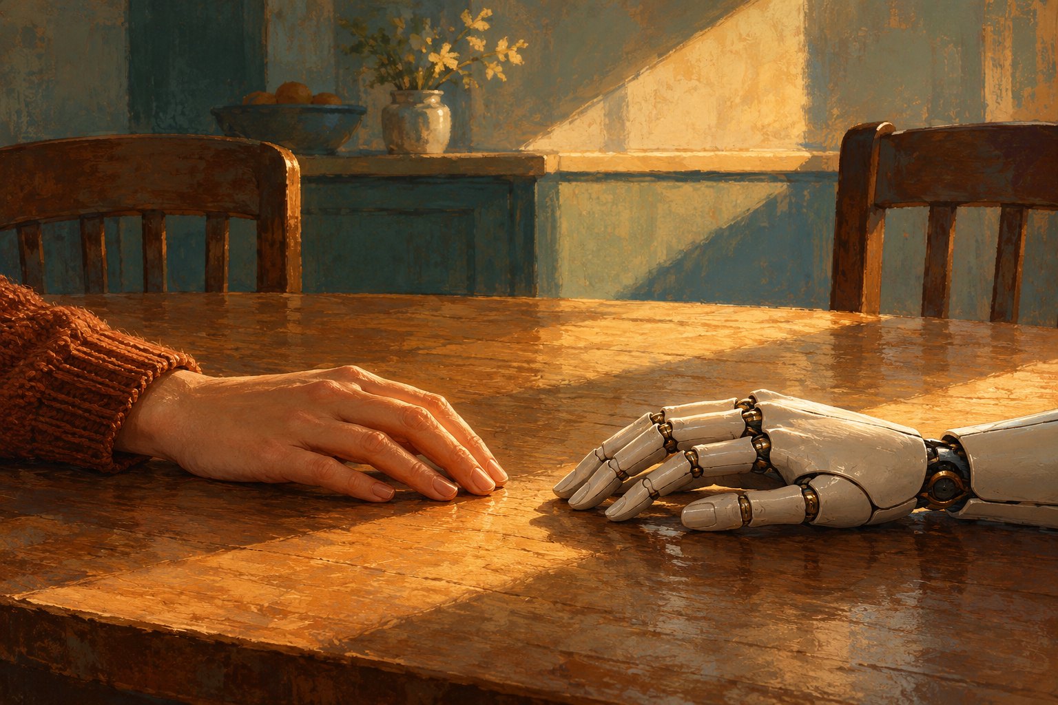 Conceptual illustration of human and mechanical hands separated by a small gap on a sunlit wooden table, not a film still.