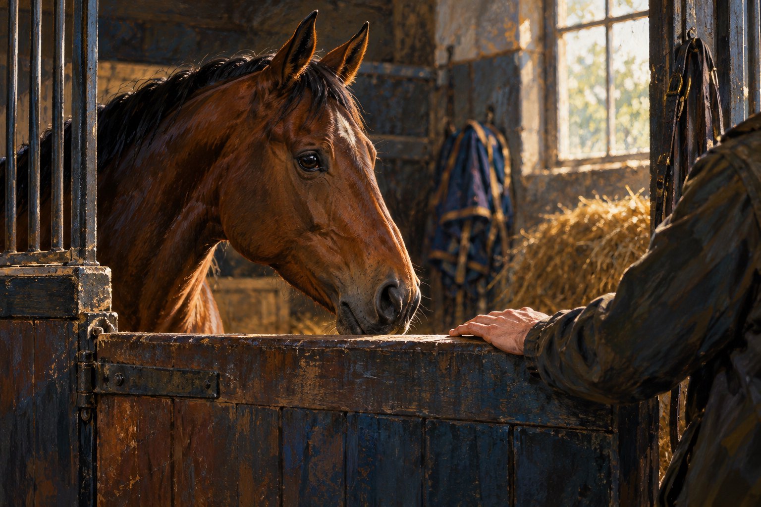Painterly illustration of an alert bay horse looking over a stable door beside a trainer’s resting hand.