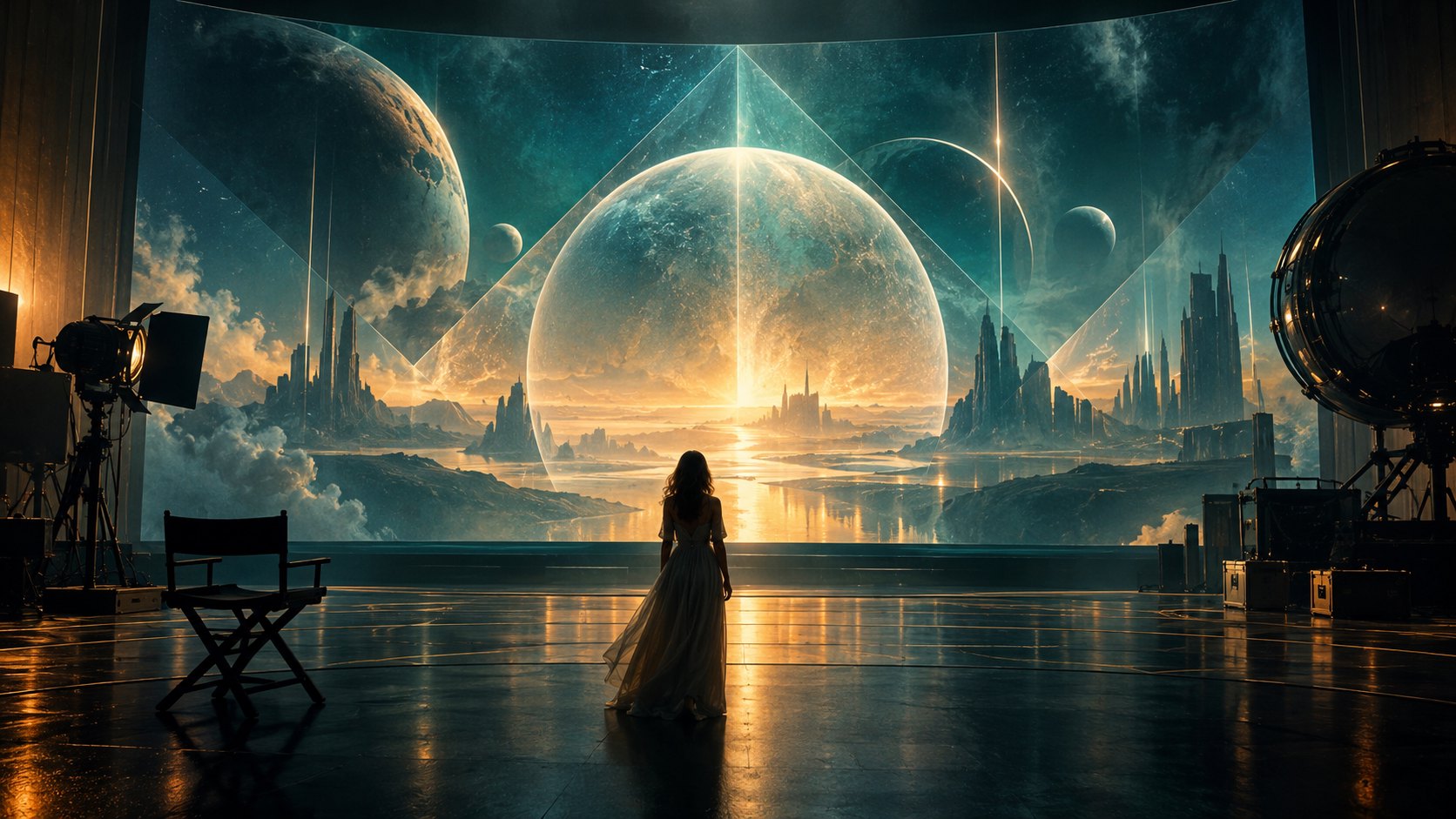 女性背影站在攝影棚般的空間中，面向巨大星球與未來景觀的原創概念插畫，非電影劇照