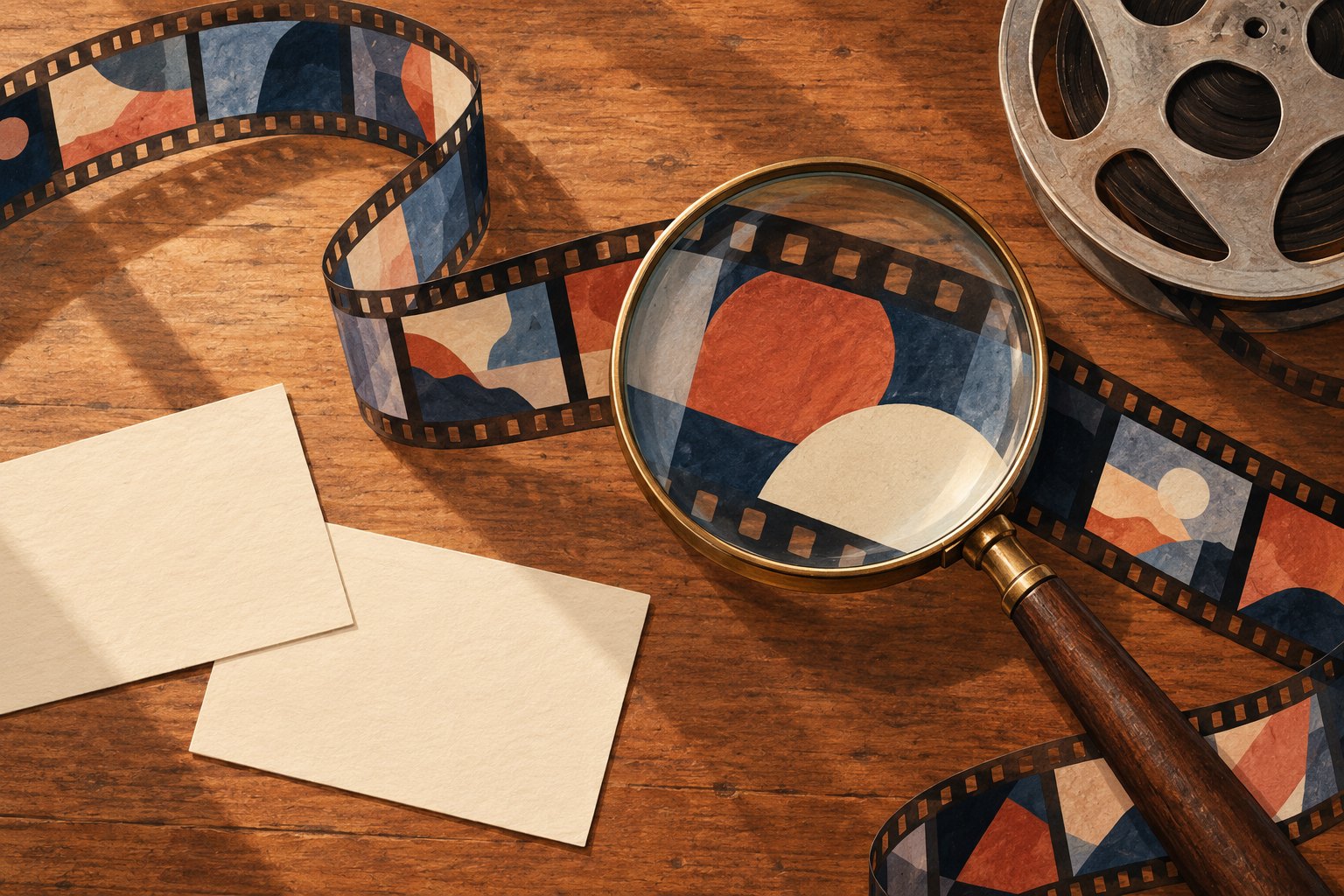 Editorial illustration of a magnifying glass examining abstract film frames beside a reel and blank cards on a wooden table.