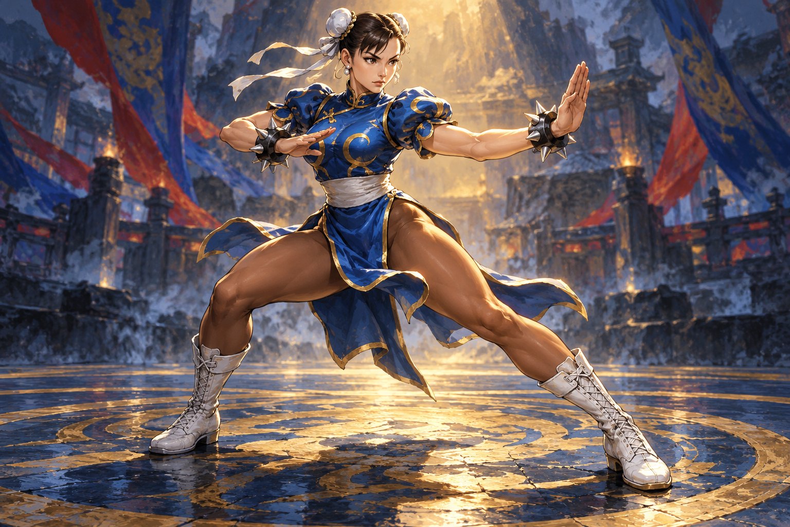 Conceptual illustration of Chun-Li holding a wide fighting stance on a circular floor beneath a golden spotlight.