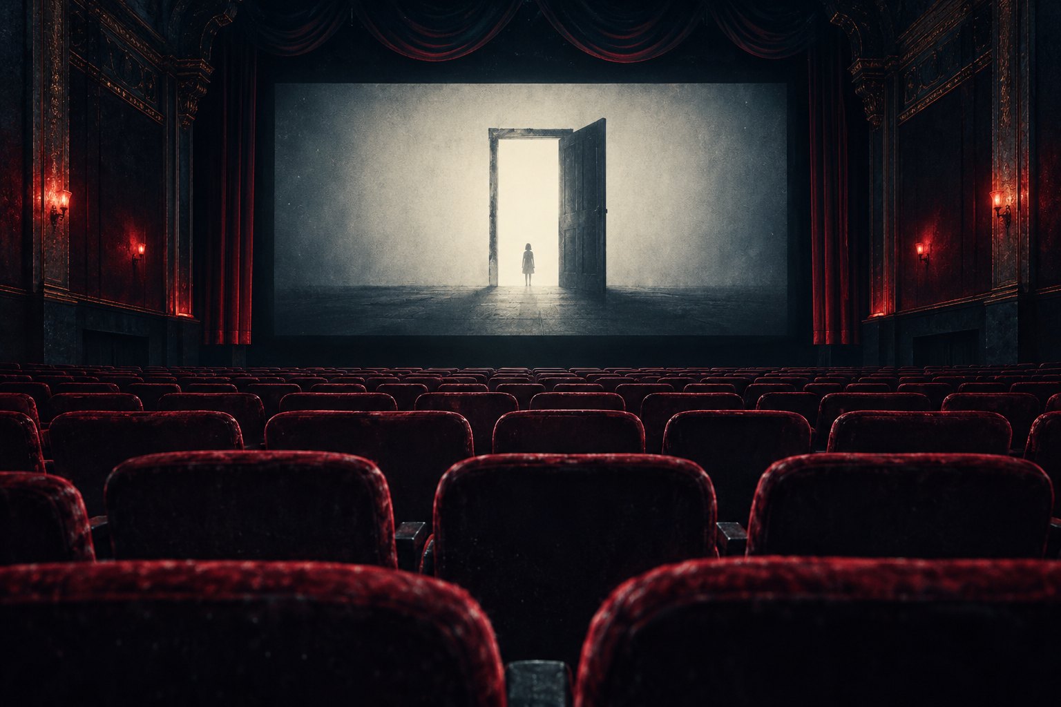 An empty theater with burgundy seats faces a screen showing an open doorway and a distant silhouette.
