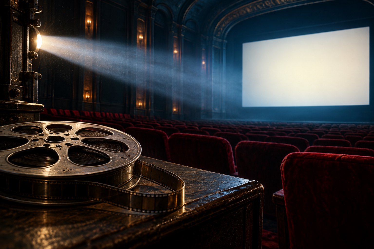 An empty vintage movie theater with burgundy seats, a bright projection beam, and a film reel in the foreground.