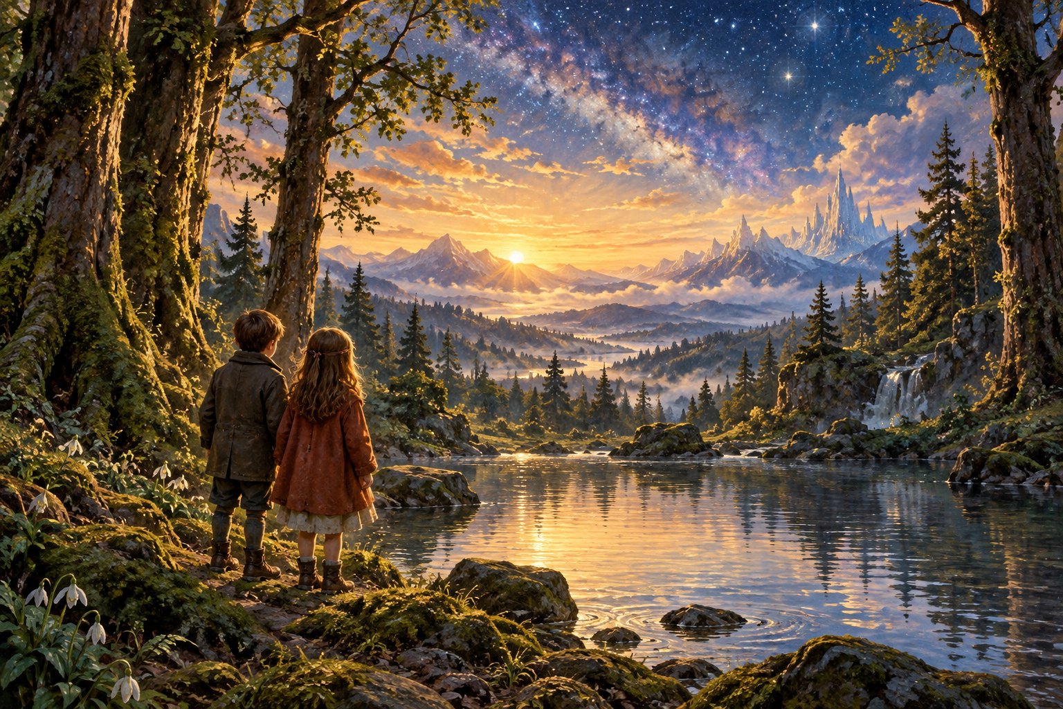 Original illustration of two children beside a woodland pool overlooking a golden dawn beneath a star-filled sky.