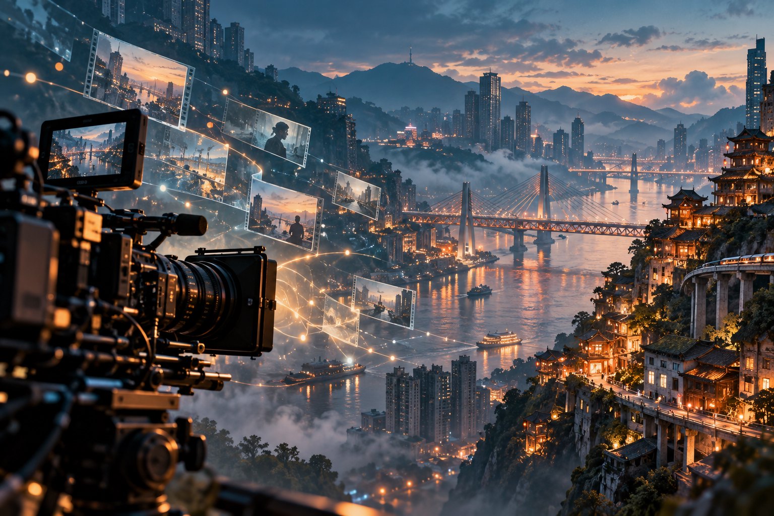 摄影机、悬浮影像帧与山城江桥夜景交织的影视创作概念图