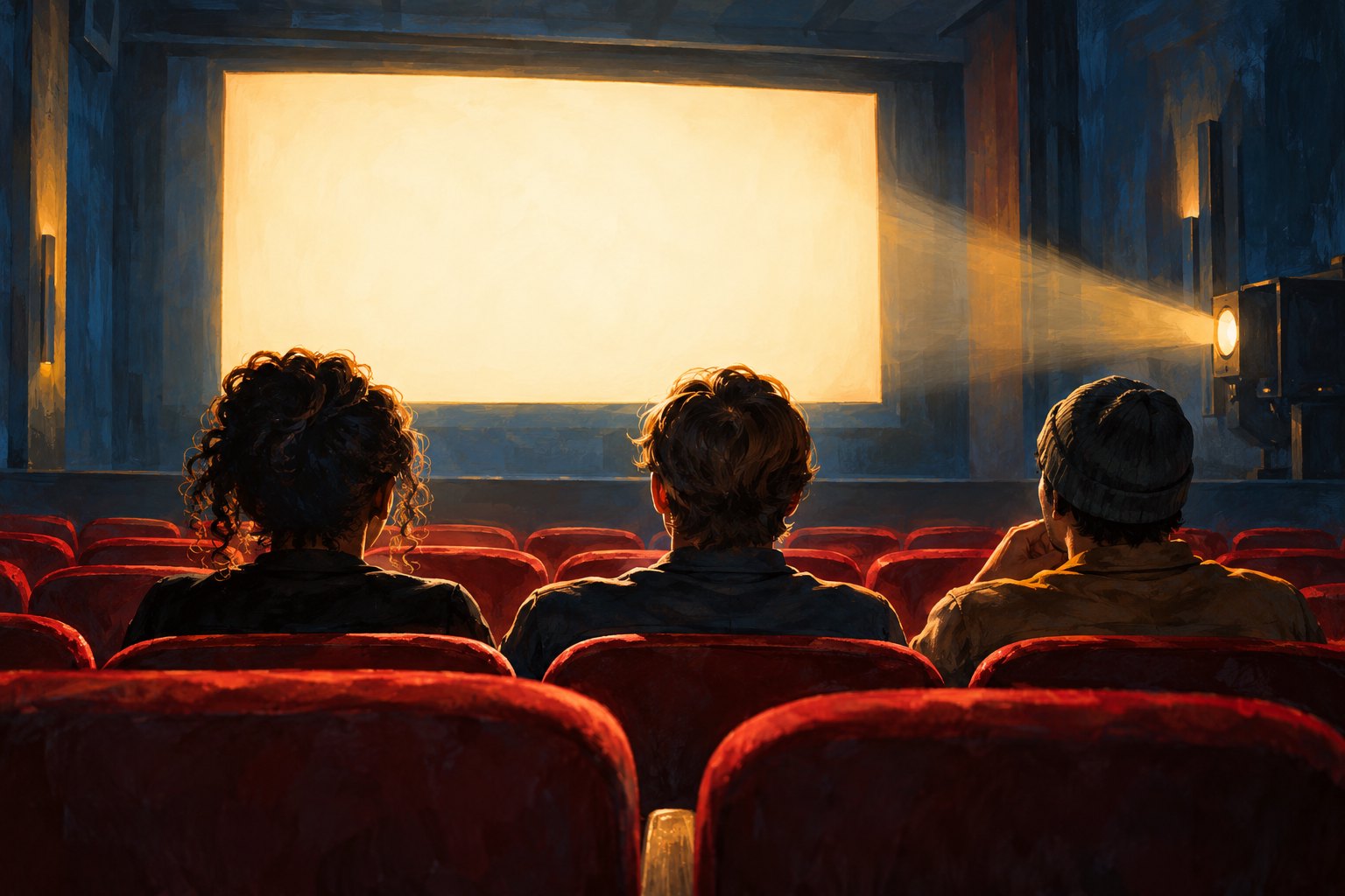 Conceptual illustration of three anonymous moviegoers facing a glowing screen in a red-seated theater.