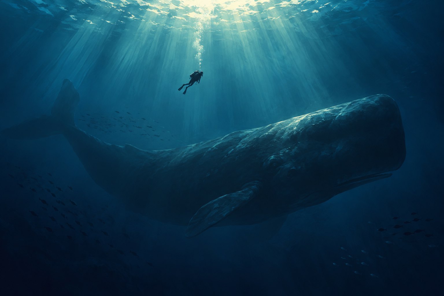 Concept illustration of a lone scuba diver above an enormous sperm whale in deep blue water.