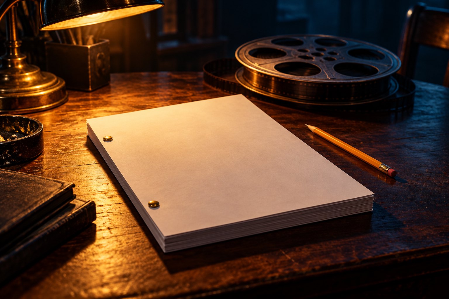 An unmarked screenplay manuscript and pencil sit under warm desk light beside a metal film reel.