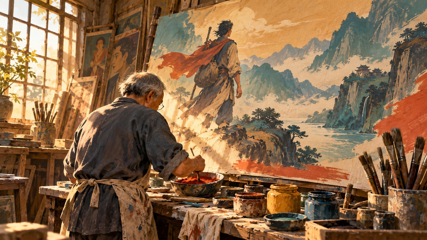 概念插畫：年長畫師背對觀者，在工作室調配顏料，身旁立著未完成的電影風格畫作