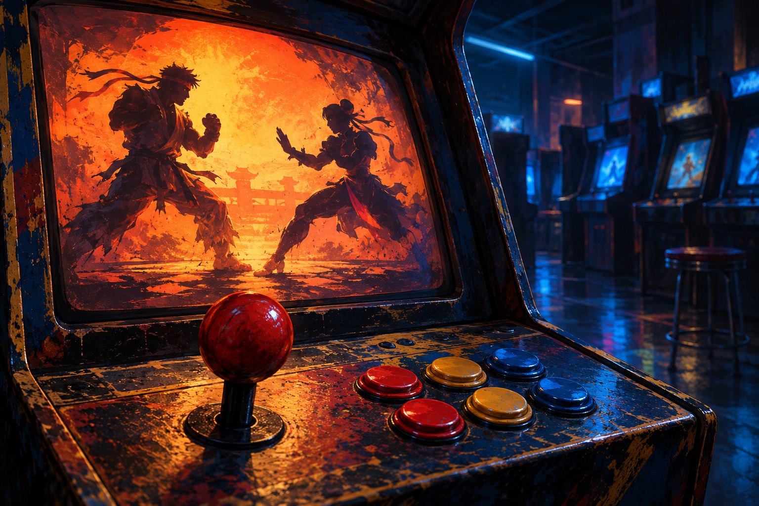 An illustrated vintage arcade cabinet glows blue, with two martial artist silhouettes facing each other on its orange screen.