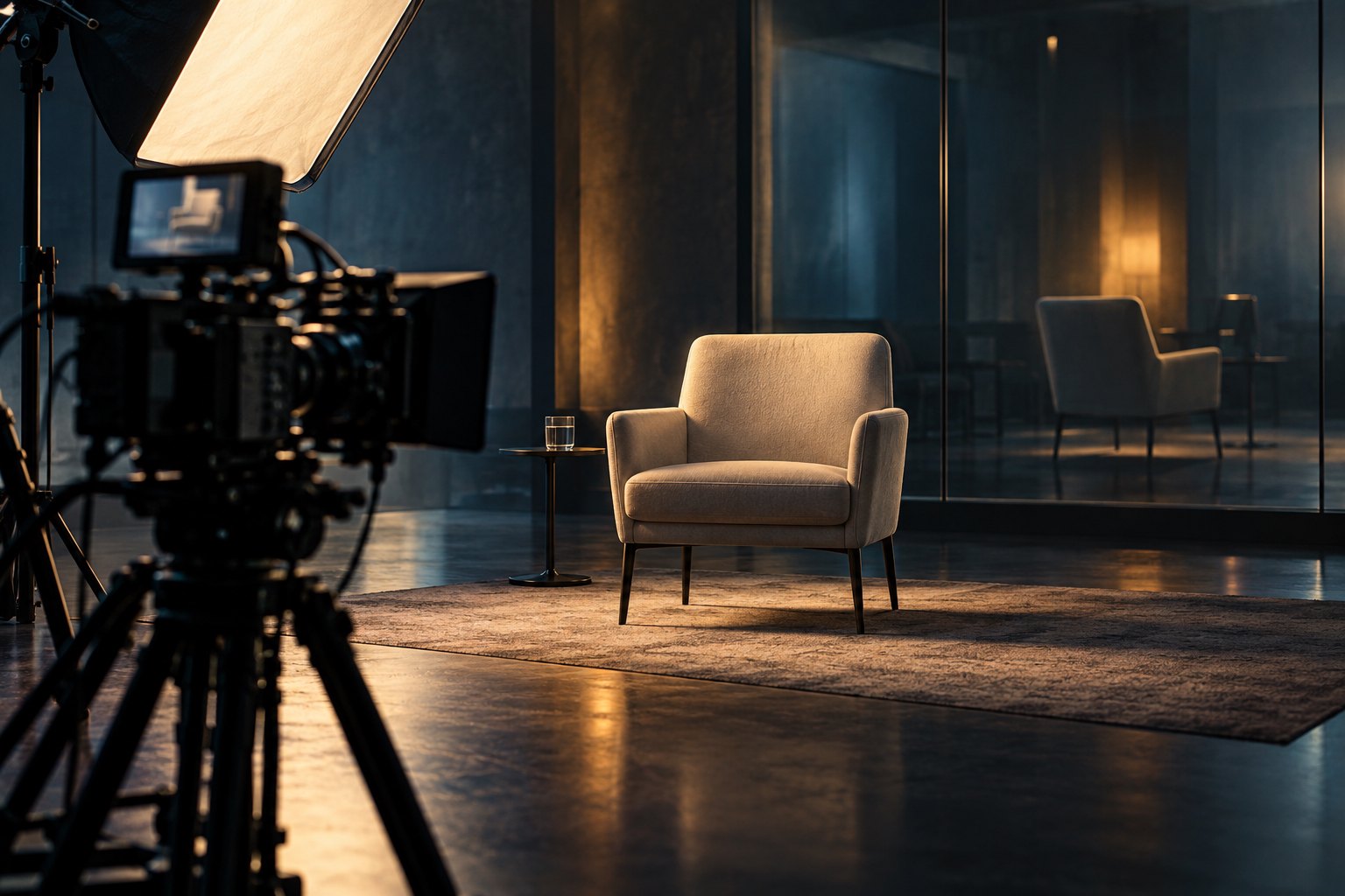 A film camera faces an empty interview chair reflected in a glass wall under warm studio lighting.