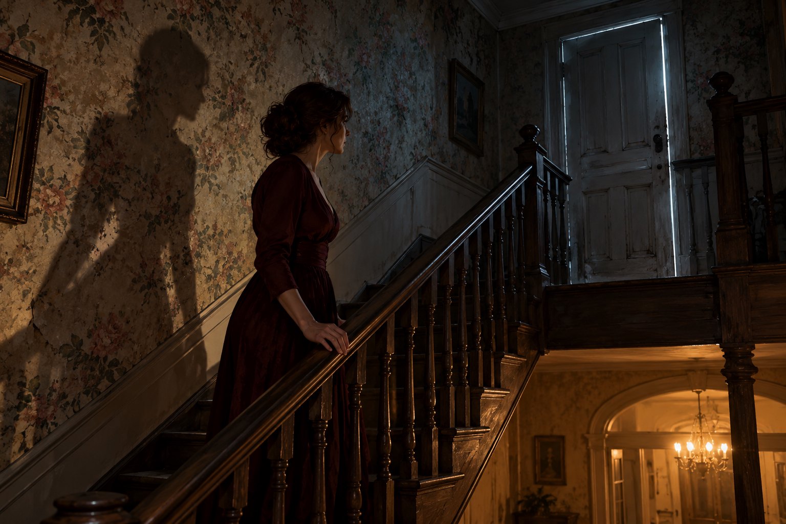Original horror illustration of a woman in a burgundy dress watching an attic door from a shadowed staircase.