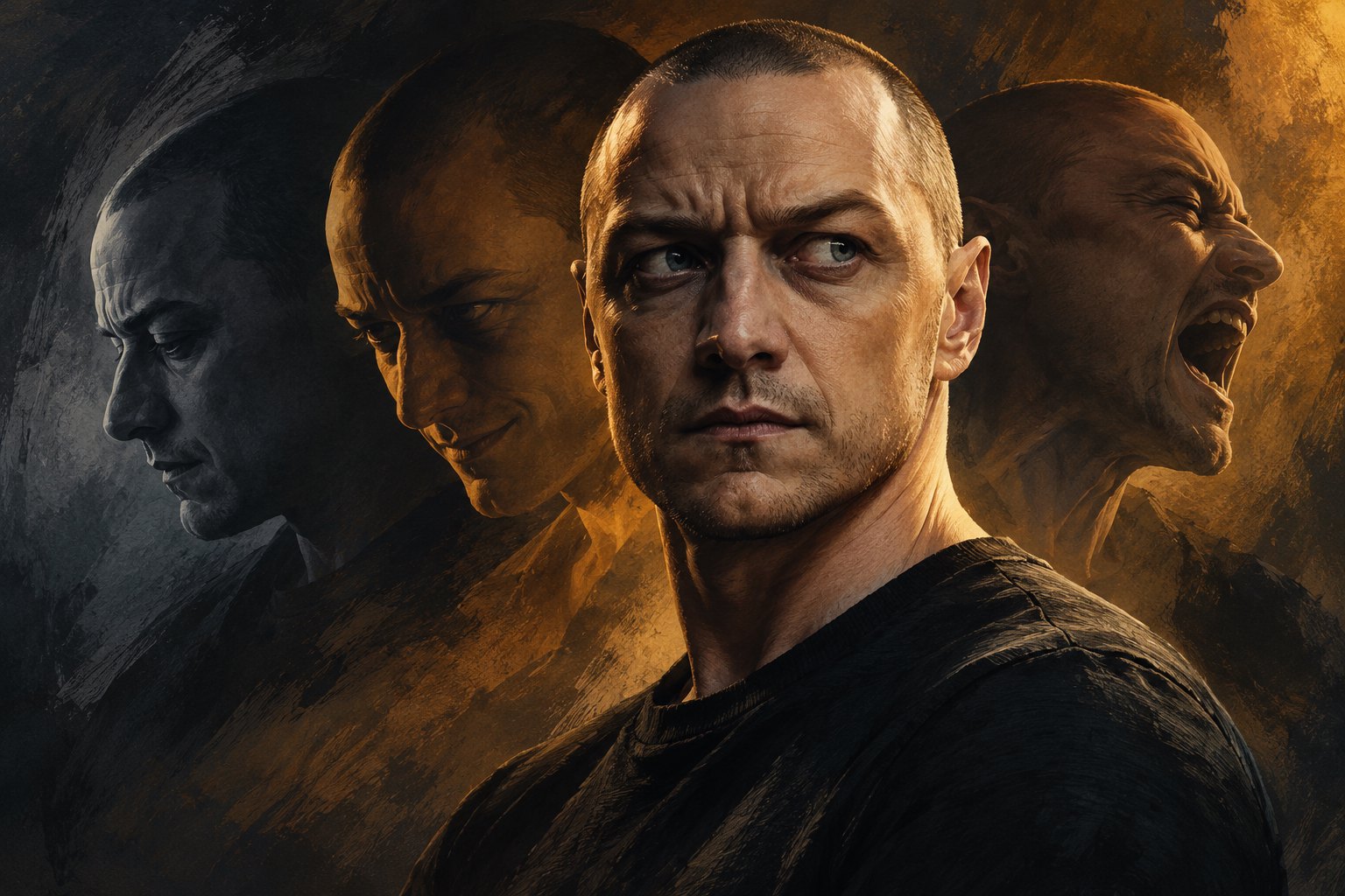 Illustrated portrait of James McAvoy with overlapping profile shadows and warm cinematic lighting.