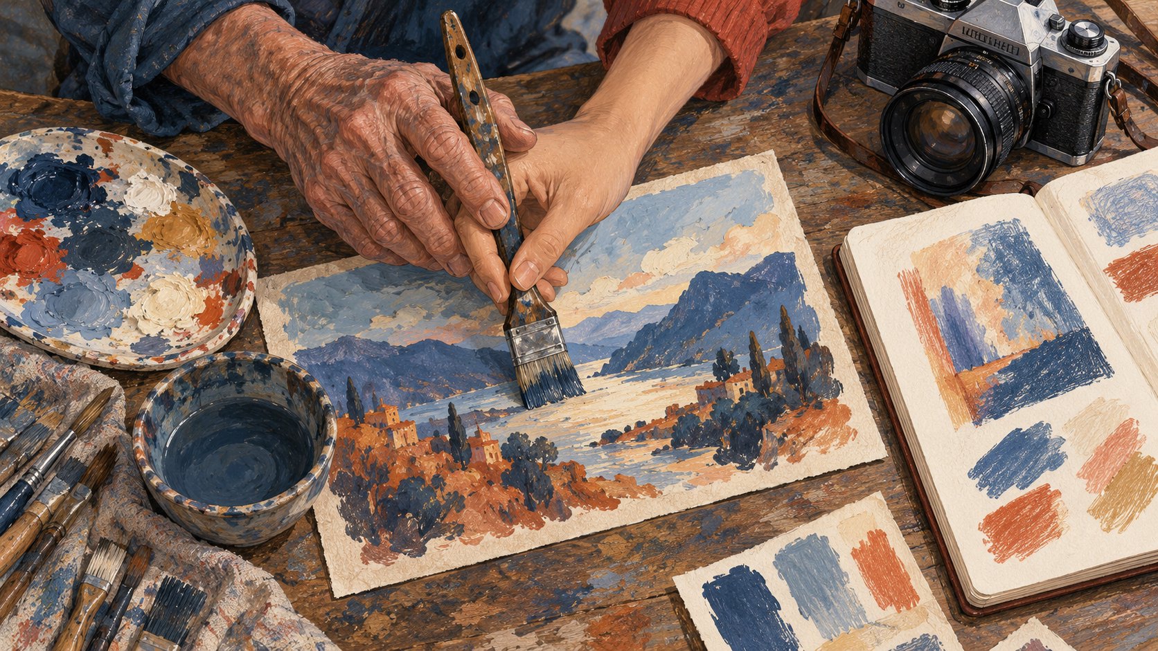 概念插畫:年長者與年輕者的手共同握筆練習上色,桌上擺著色稿、畫具與紀錄用相機