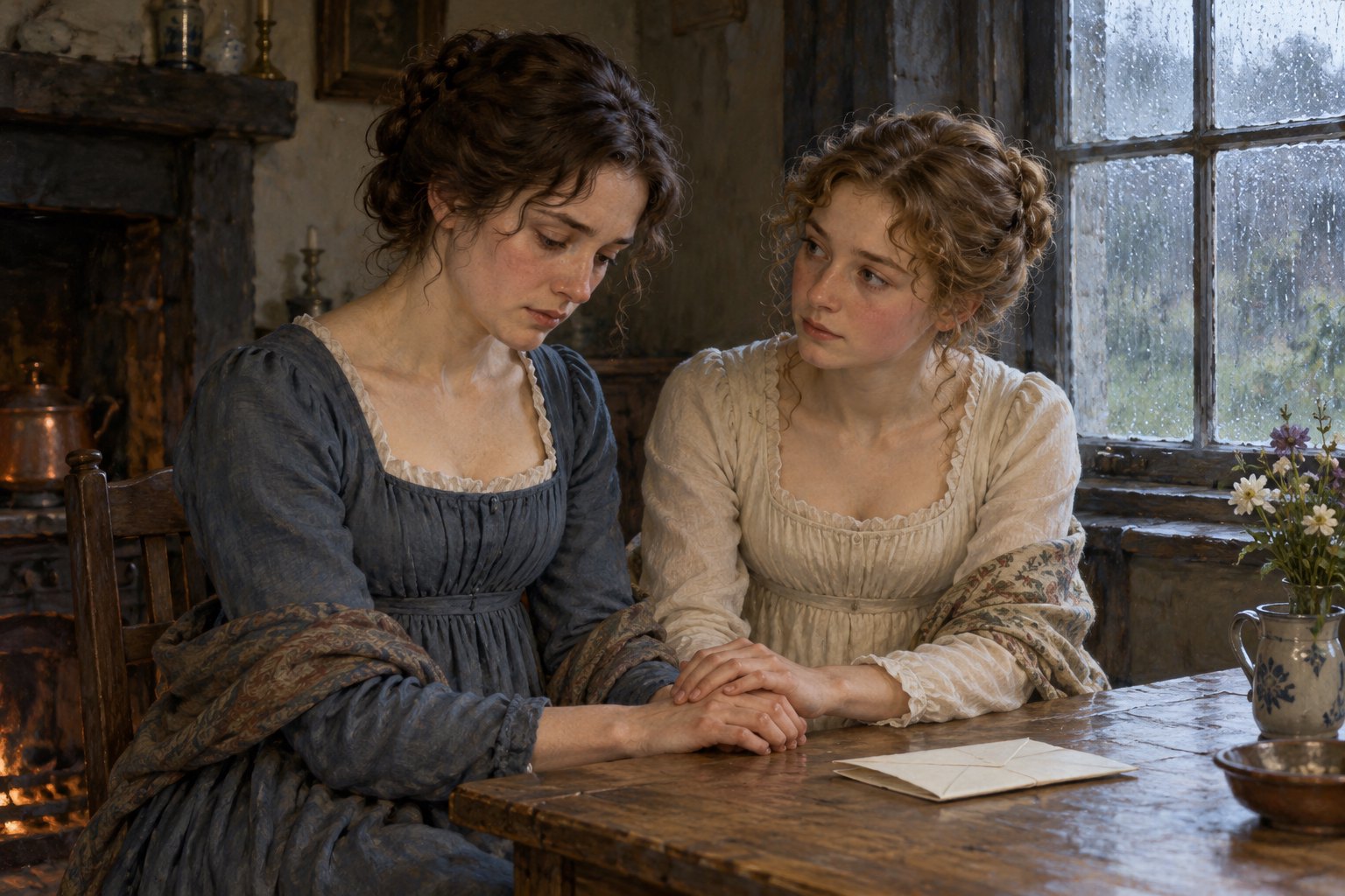 Painterly illustration of a young woman comforting her sister at a cottage table beside a rain-streaked window and a folded letter.