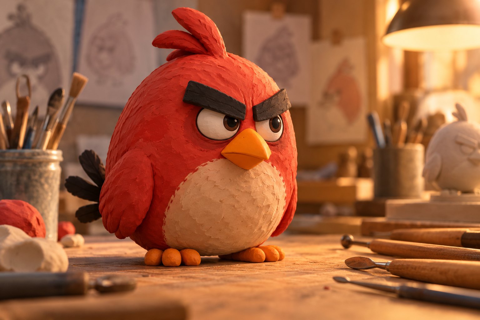 Conceptual illustration of Red as a textured clay maquette on a warmly lit sculptor’s workbench.