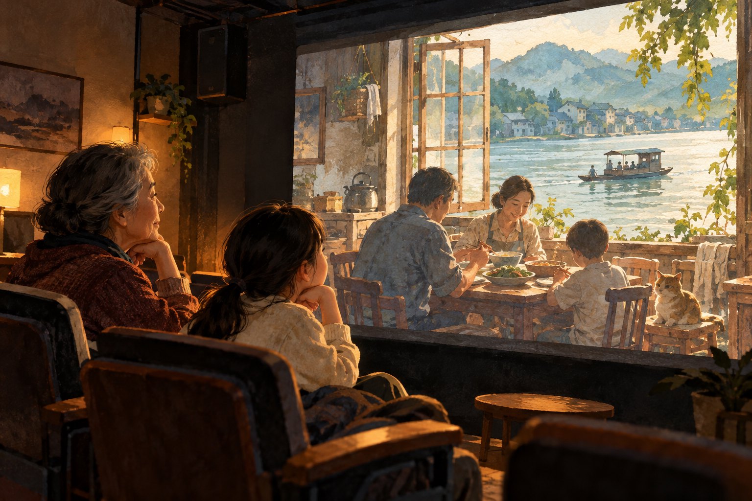 一老一少观看银幕中的江边家庭生活与渡船的概念插画,非参演影片剧照
