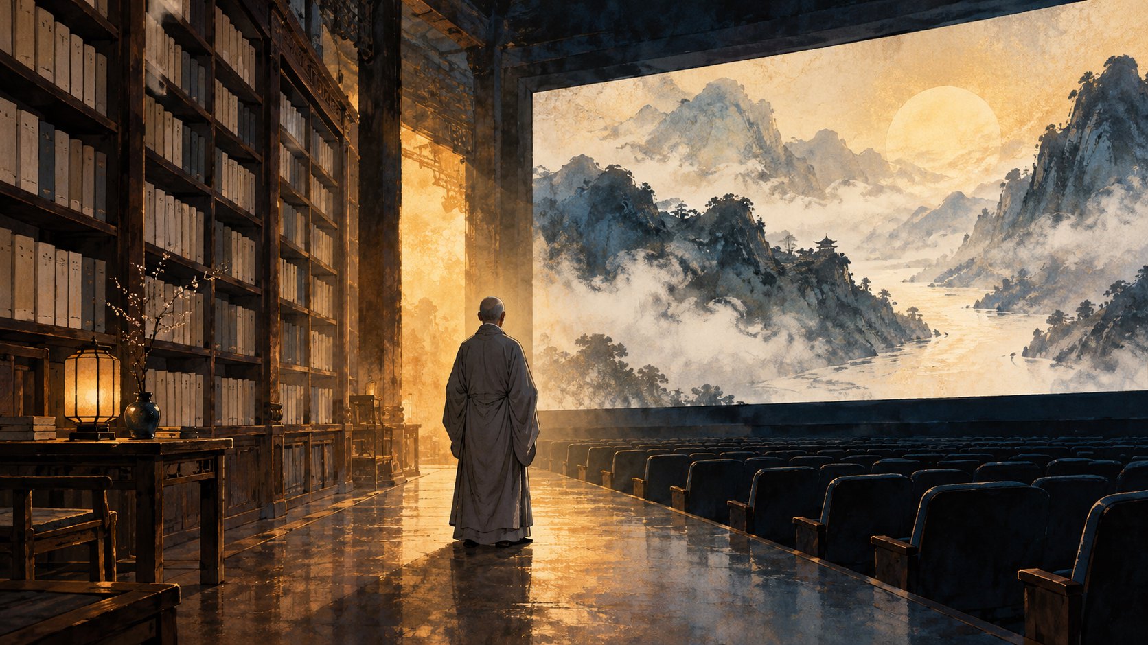 灰袍僧人的背影立於書架與映有水墨山景的銀幕之間，象徵人物傳記走入動畫的概念插畫，非電影劇照