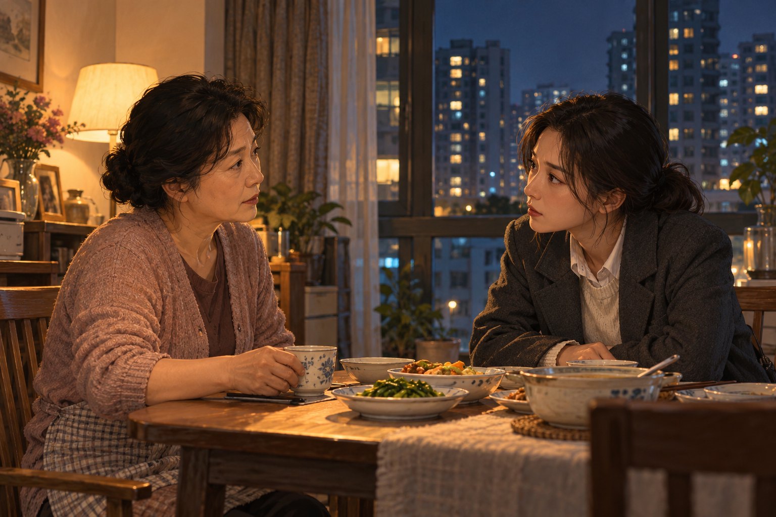 现代上海住宅里，母亲与成年女儿隔着餐桌认真交谈，窗外是城市夜景，原创情境插画