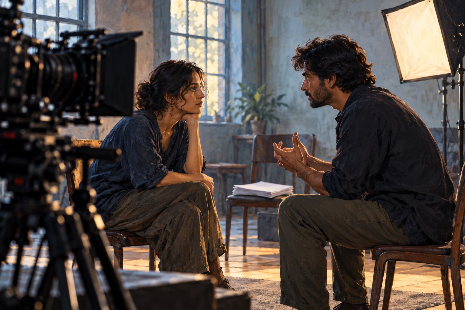 Conceptual illustration of two anonymous actors rehearsing beside a film camera in a sunlit room.