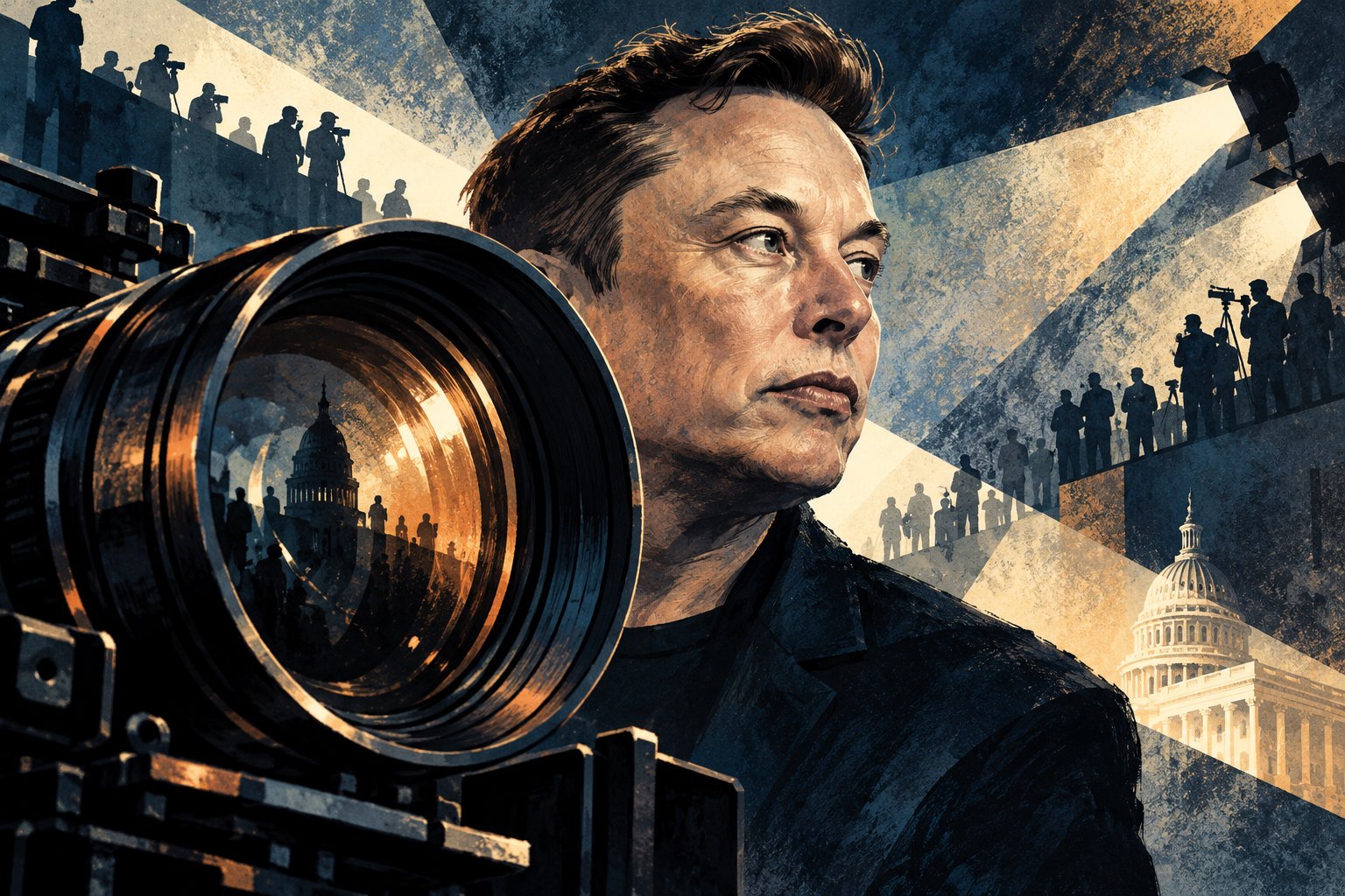 Editorial illustration of Elon Musk beside a large camera lens, with spotlights and the U.S. Capitol in the background.