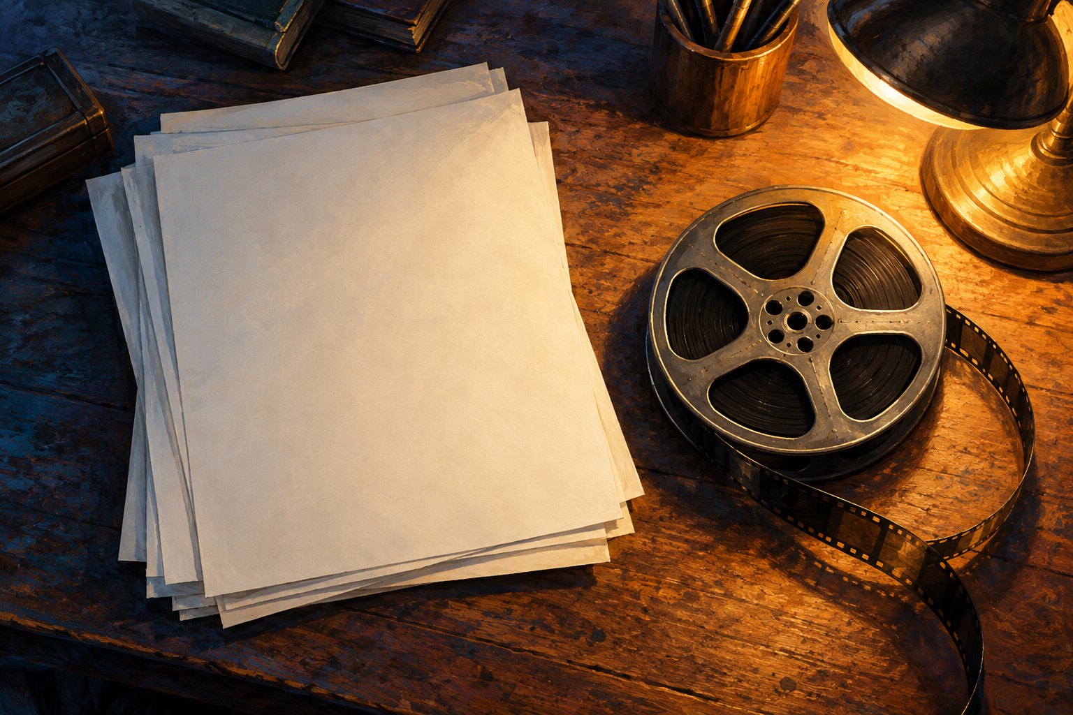 Blank sheets of paper and a film reel on a wooden desk illuminated by a warm lamp.