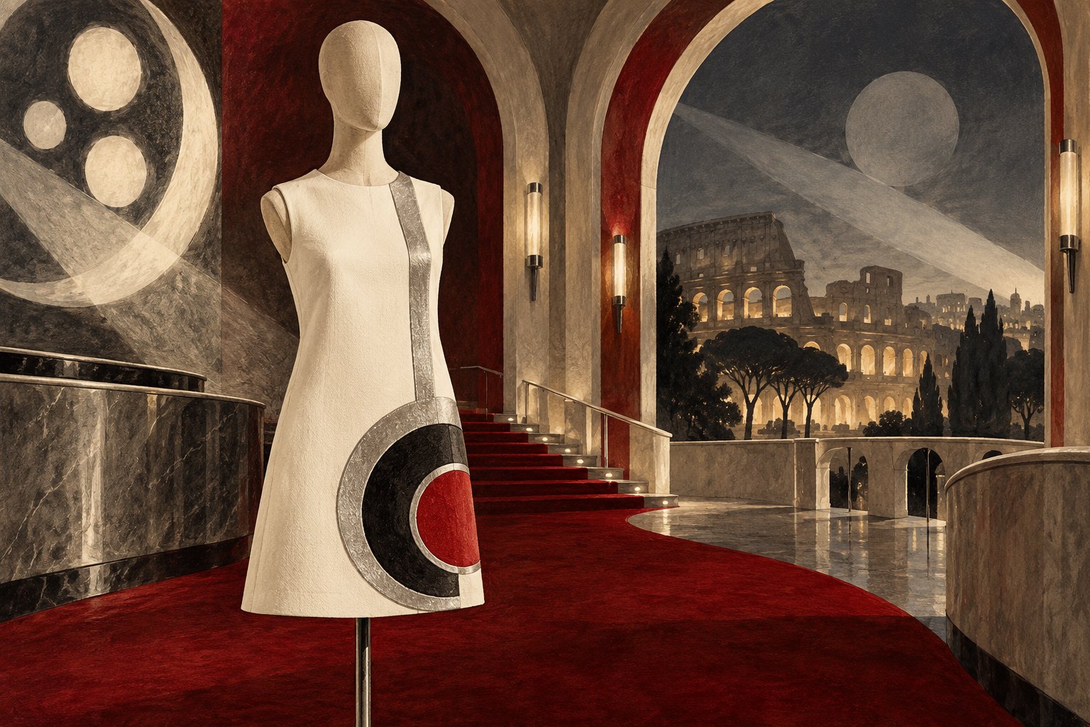 Conceptual illustration of an ivory mod dress on a mannequin in an imagined Roman cinema foyer.