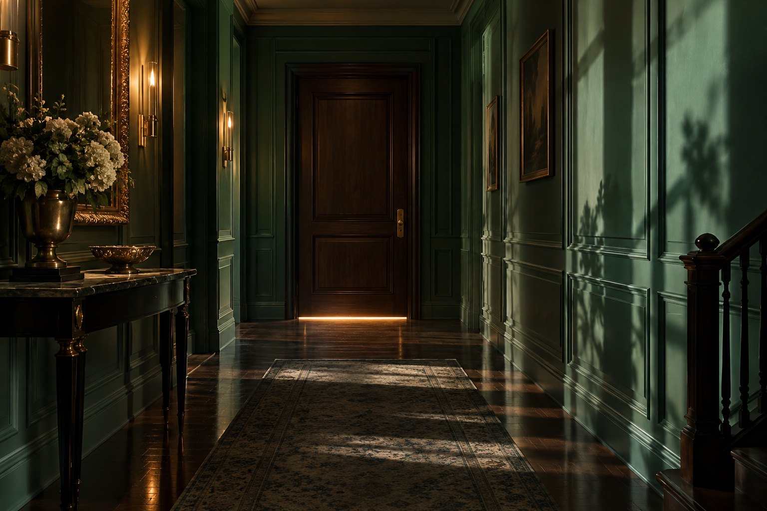 Conceptual illustration of an elegant, shadowy hallway leading to a closed wooden door with light beneath it.