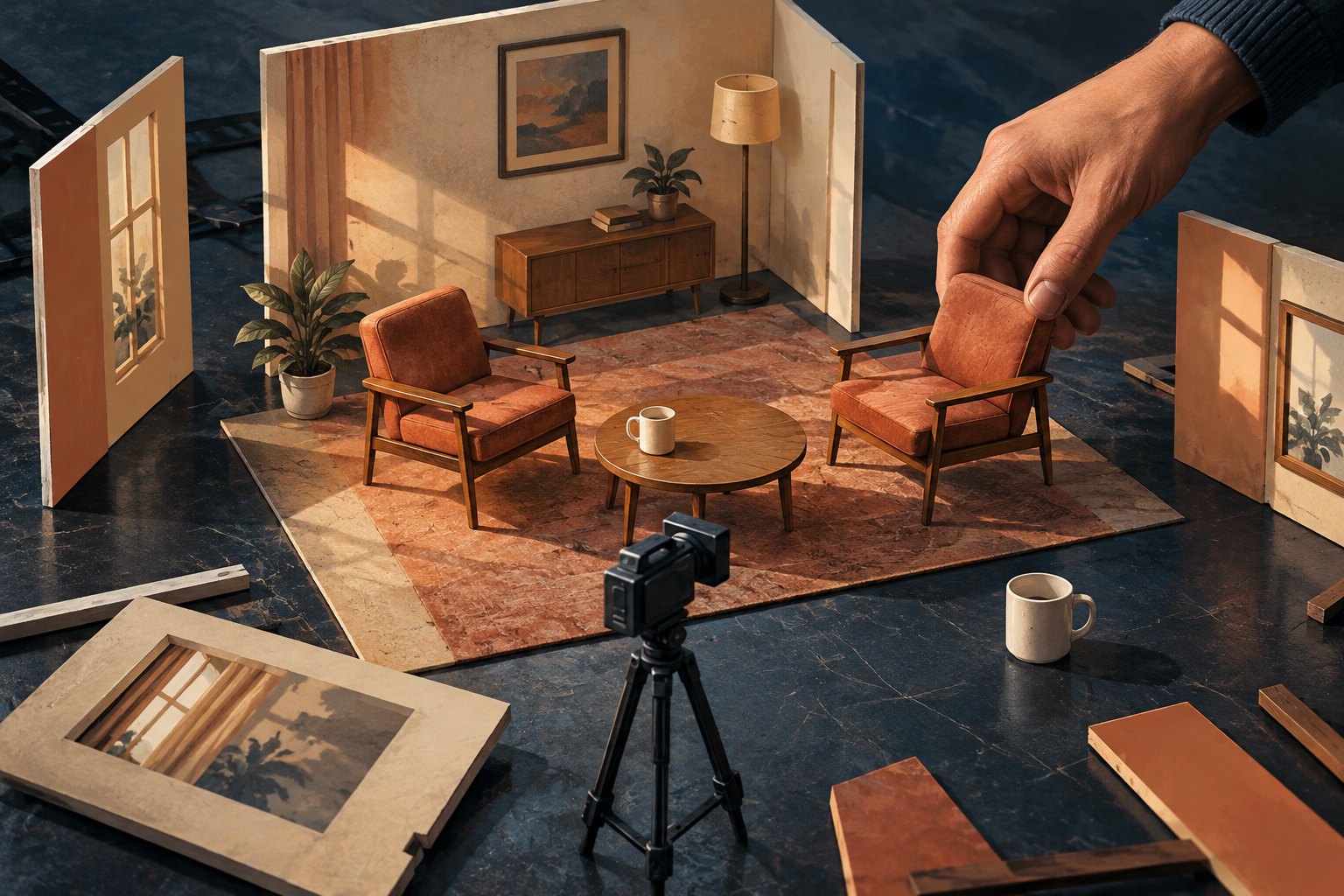 Conceptual illustration of a hand adjusting a chair in a miniature living-room set beside a camera.