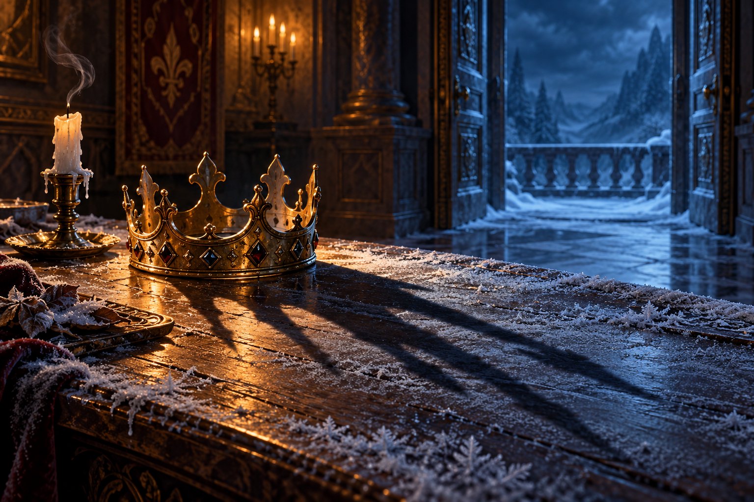 A golden crown casts a long shadow across a frosty table beside a smoking candle and an open palace doorway.