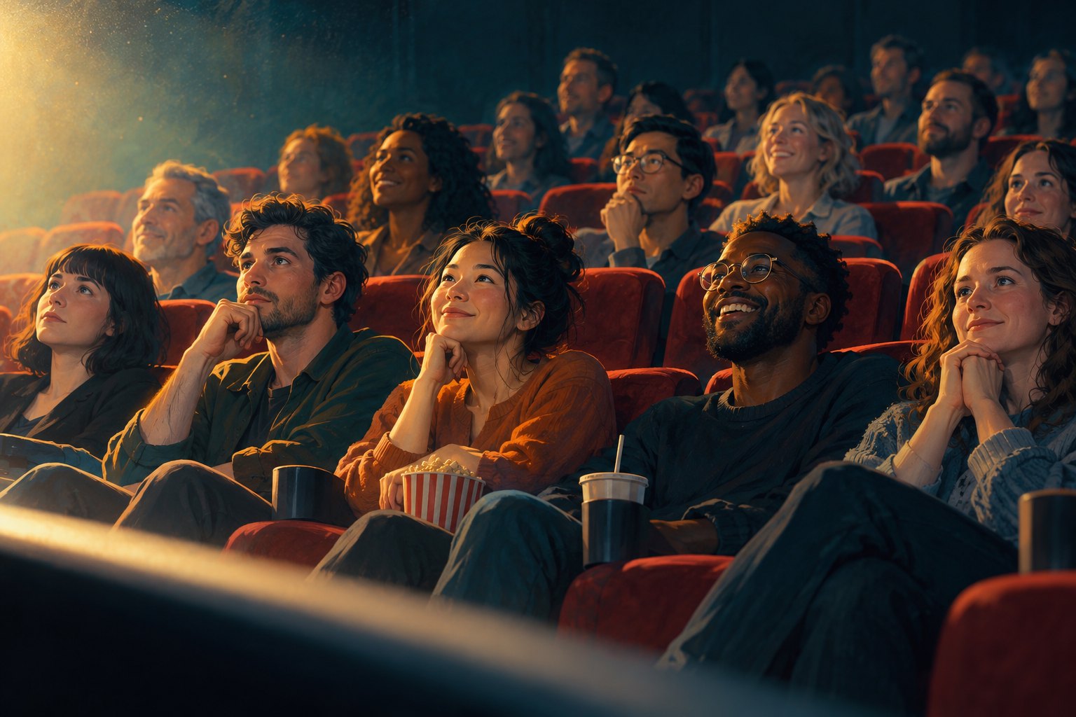 An illustrated movie theater audience watches a glowing screen with thoughtful, delighted, and neutral expressions.