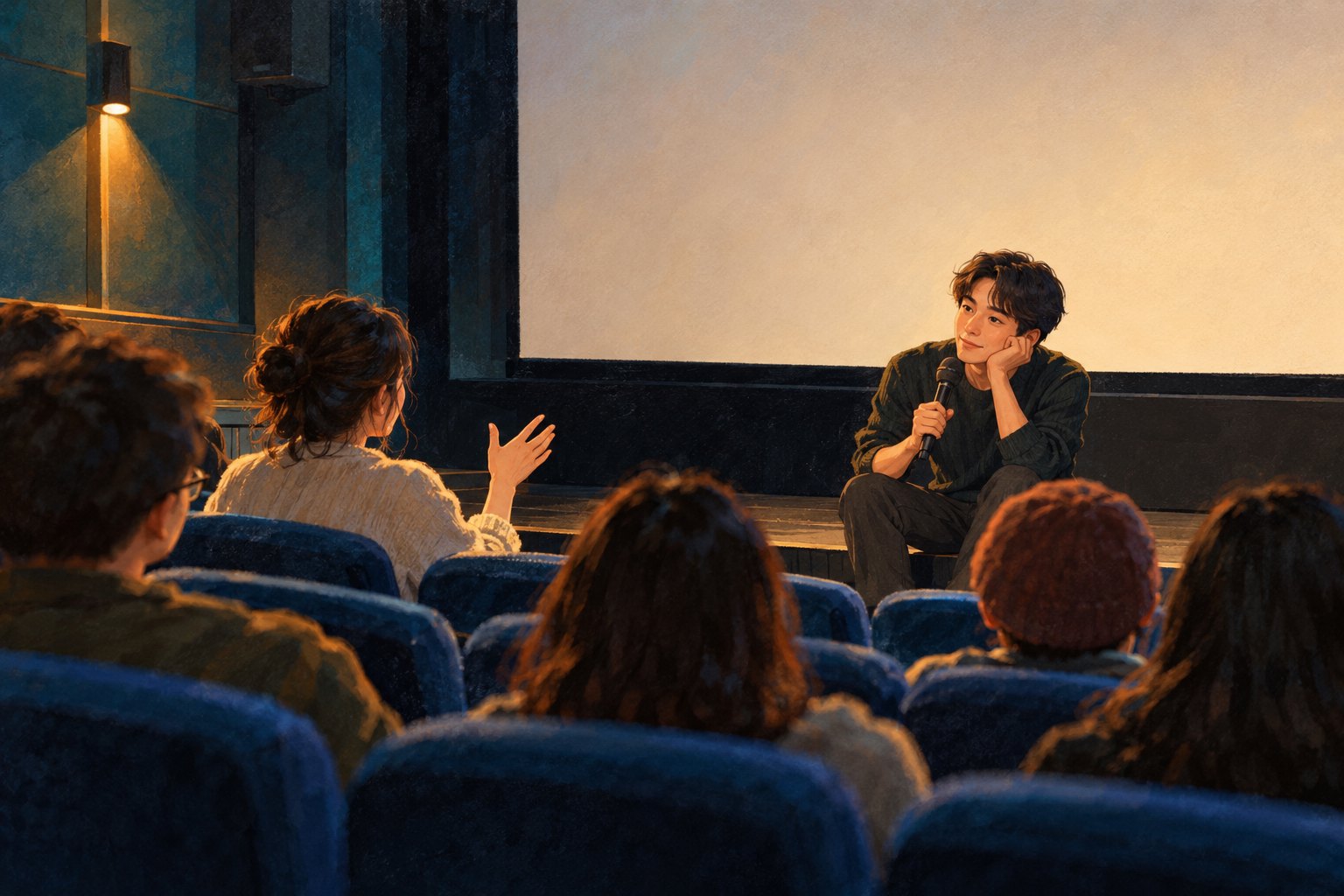小型放映厅内,年轻创作者手持话筒倾听观众提问,映后交流概念插画