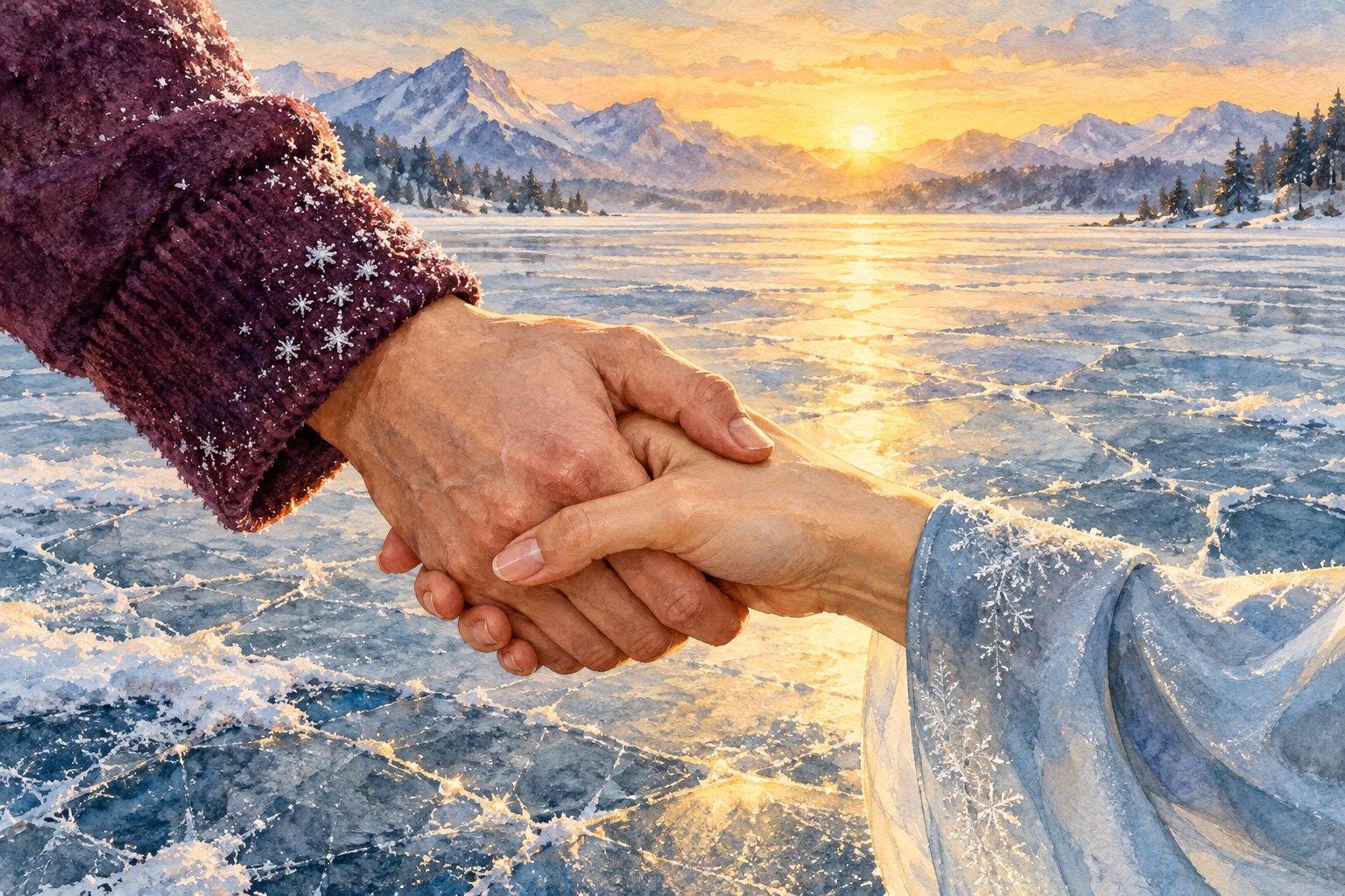 Two hands clasp above a frozen lake as golden sunlight rises over snowy mountains.